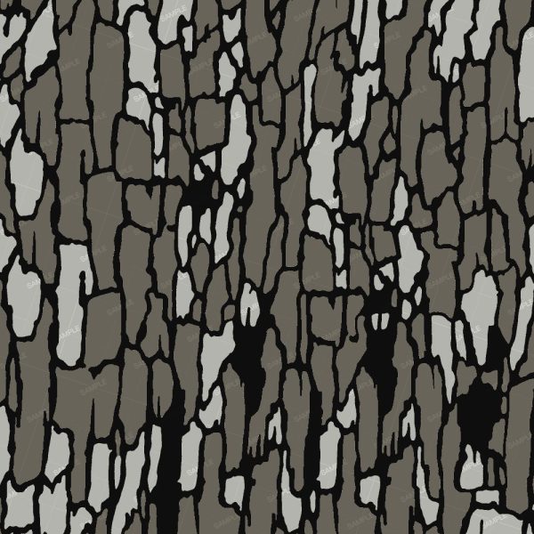 Certainly! Here’s a rewritten version of the sentence using the provided product data: TreBark Three features an abstract pattern of irregular black lines forming shapes on a gray background, reminiscent of cracked or parched earth. Sections filled with solid black add texture and an organic feel to the design.