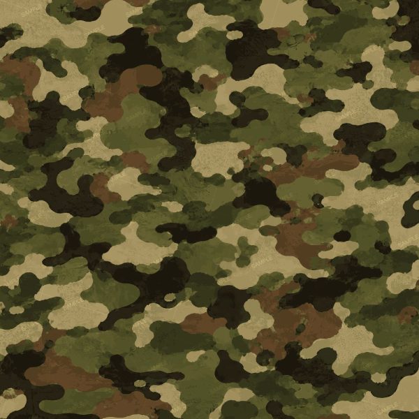 Abstract Camouflage 45 showcases a seamless camouflage pattern with irregular blotches in green, brown, tan, and black hues, resulting in a textured military-style design.