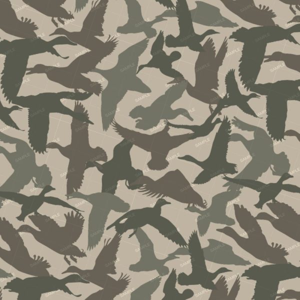 Duck Hunter 22 Camouflage pattern of dark brown silhouettes of flying ducks against a light tan background, overlaid with repeating light gray text that reads “SAMPLE.”.