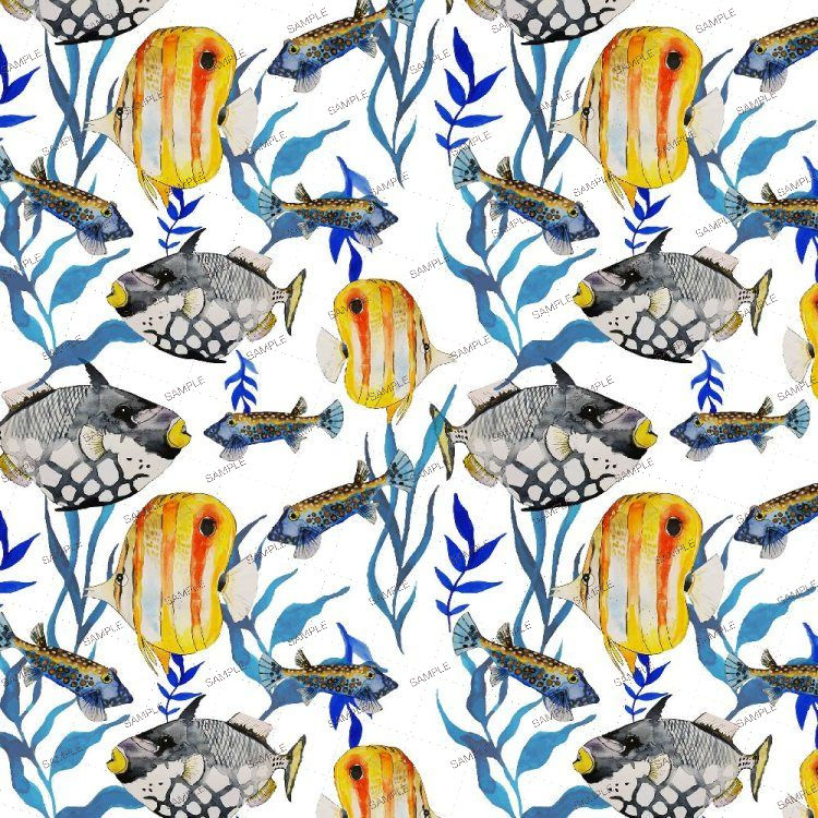 Watercolor Aquarium pattern featuring tropical fish and blue aquatic plants on a white background.
