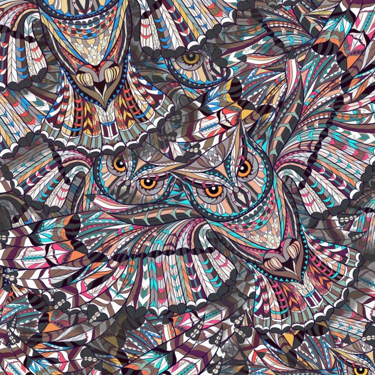 Owls 22 features an intricate, colorful pattern of overlapping owls with stylized, geometric feathers.