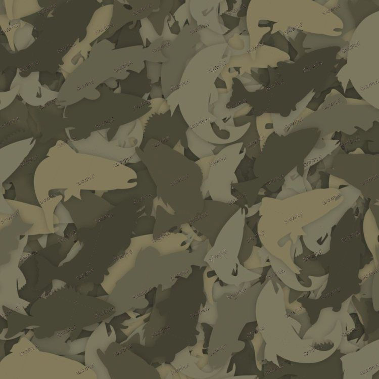 Fish 24 Camouflage pattern of overlapping fish silhouettes in shades of green, brown, and tan.