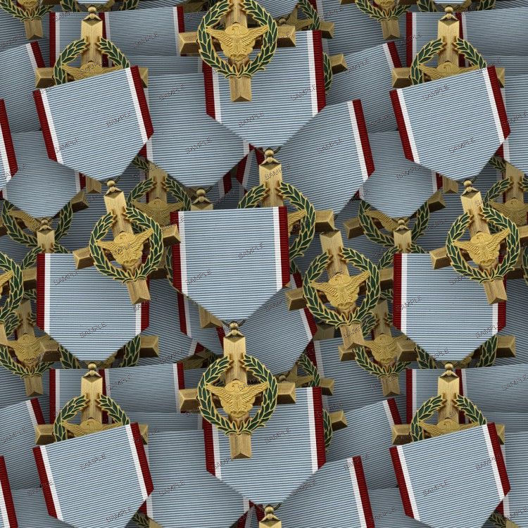 A repeating pattern of Air Force Cross medals, each featuring a light blue ribbon with red edges above a gold cross, a gold eagle, and a green laurel wreath.