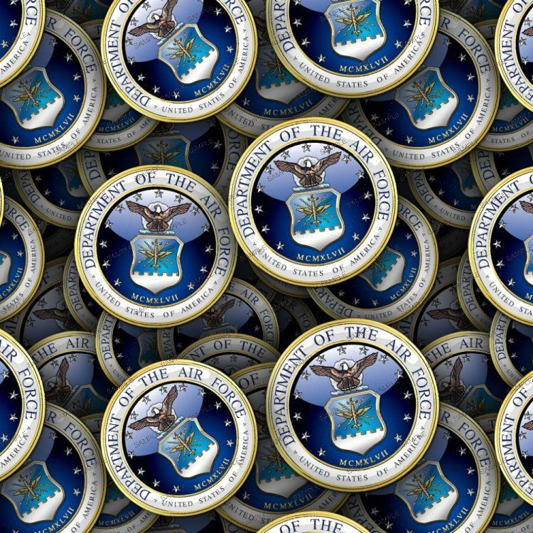A repeating pattern of the Air Force Emblem, featuring an eagle and crest against a blue circular background.