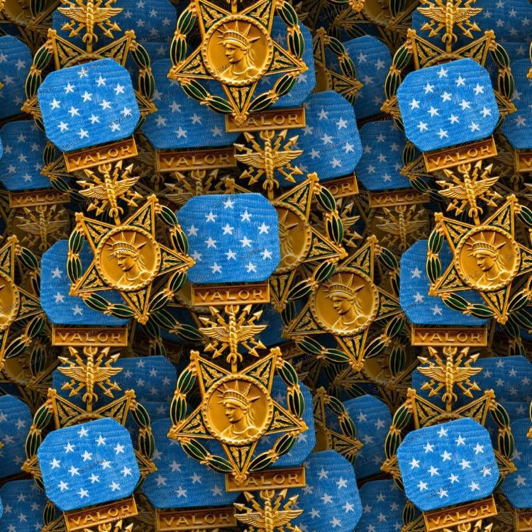 A repeating pattern of Air Force Medal of Honor awards, each featuring a gold star, the profile of the Statue of Liberty, and a light blue ribbon with white stars above a gold bar inscribed with the word VALOR.