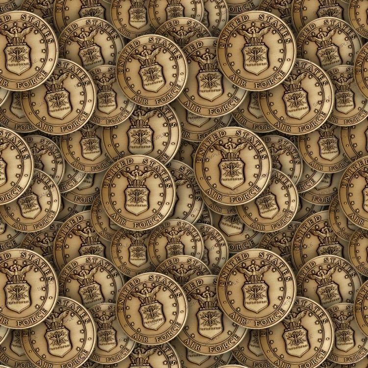 Pattern of overlapping gold-toned circular Air Force Medallion 24 pieces, each featuring the service seal in the center.