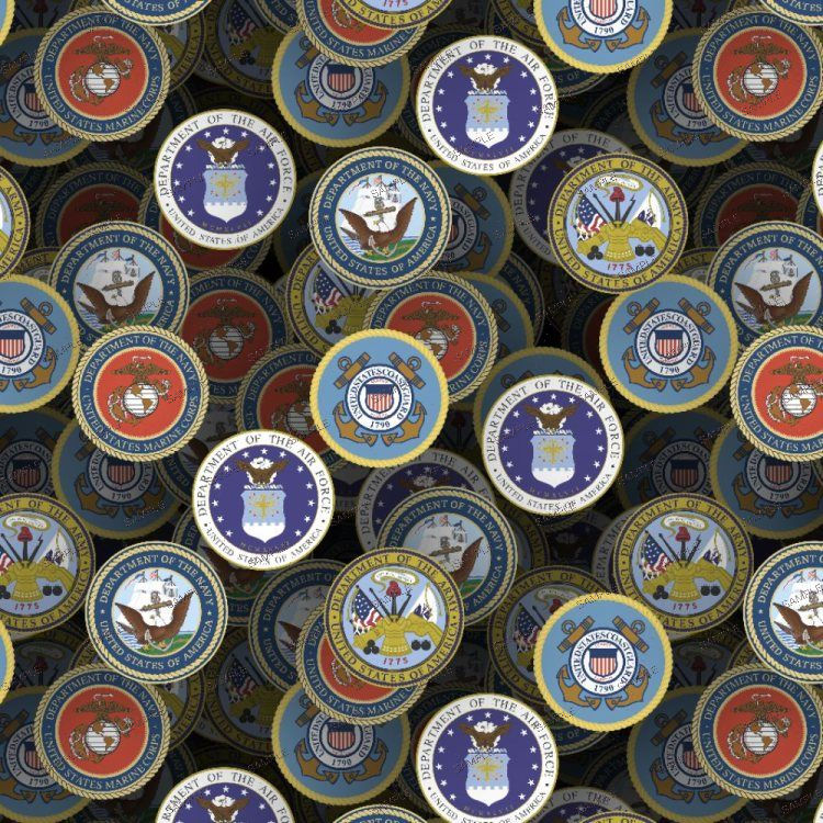 A repeating pattern of All Military Seals, featuring the official emblems of the United States Army, Navy, Air Force, Marine Corps, and Coast Guard.
