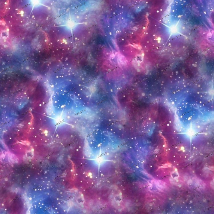Galaxies 27 pattern featuring purple and blue nebula clouds, small stars, and bright, four-pointed starbursts.