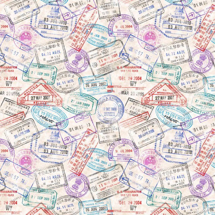 A repeating pattern of Passport Stamps featuring various international immigration and departure markings in blue and red ink.
