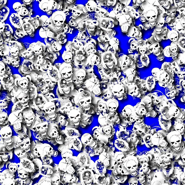 A pattern of Suicide Squad Skulls 28 character-themed icons and white skull illustrations layered over a solid blue background.
