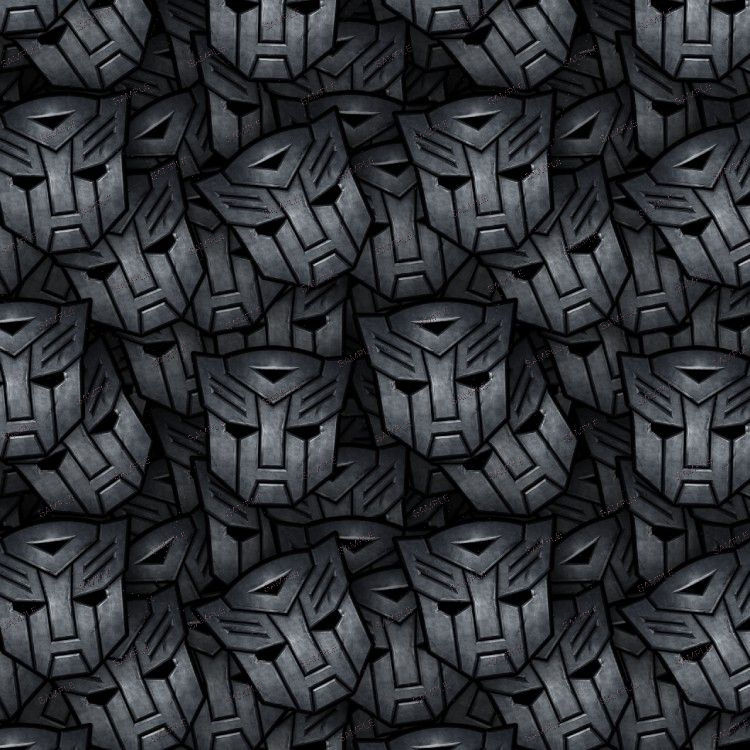 A repeating pattern of metallic, angular Transformers Autobots 22 robotic face masks in shades of gray.