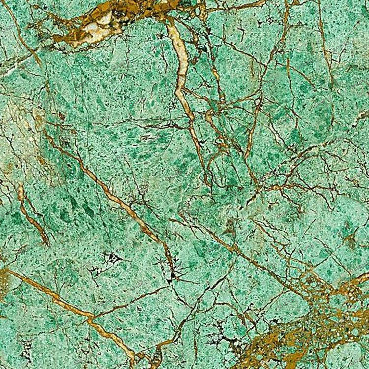 Close-up of Turquoise Granite slab featuring intricate, jagged veining in shades of gold and brown on a green background.
