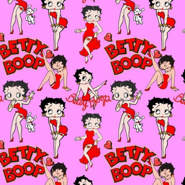 A repeating pattern of Betty Boop 26 figures in red dresses, with small white dogs and the text “Betty Boop” on a pink background.