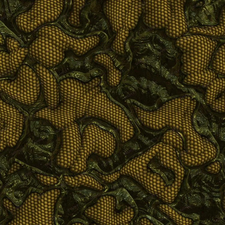 Alien Wasp Camouflage abstract pattern featuring golden, hexagonal honeycomb textures interspersed with dark, organic, vein-like shapes.