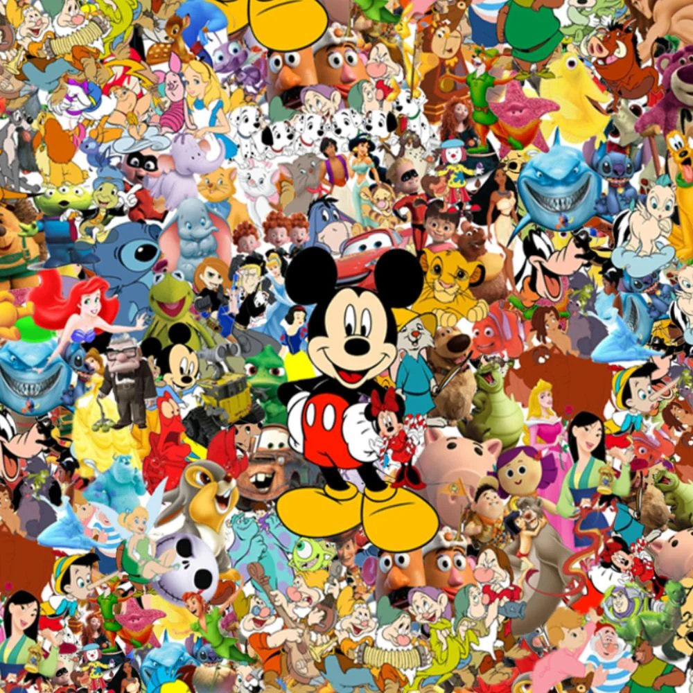 A large collage of many different animated characters from Disney Characters 23, with Mickey Mouse centered in the foreground.