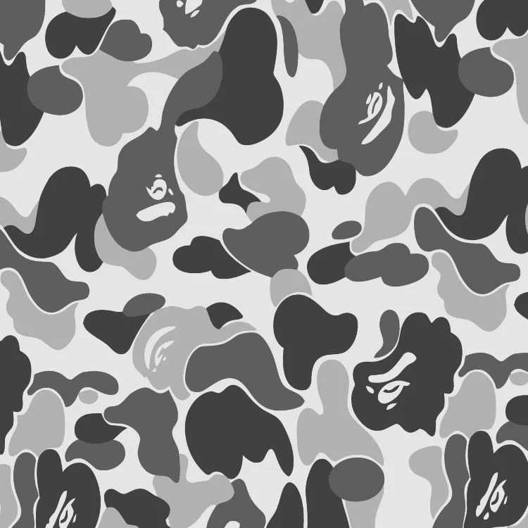 Bathing Ape BAPE Urban Camouflage featuring a grayscale pattern of abstract, organic shapes and hidden monkey face silhouettes.