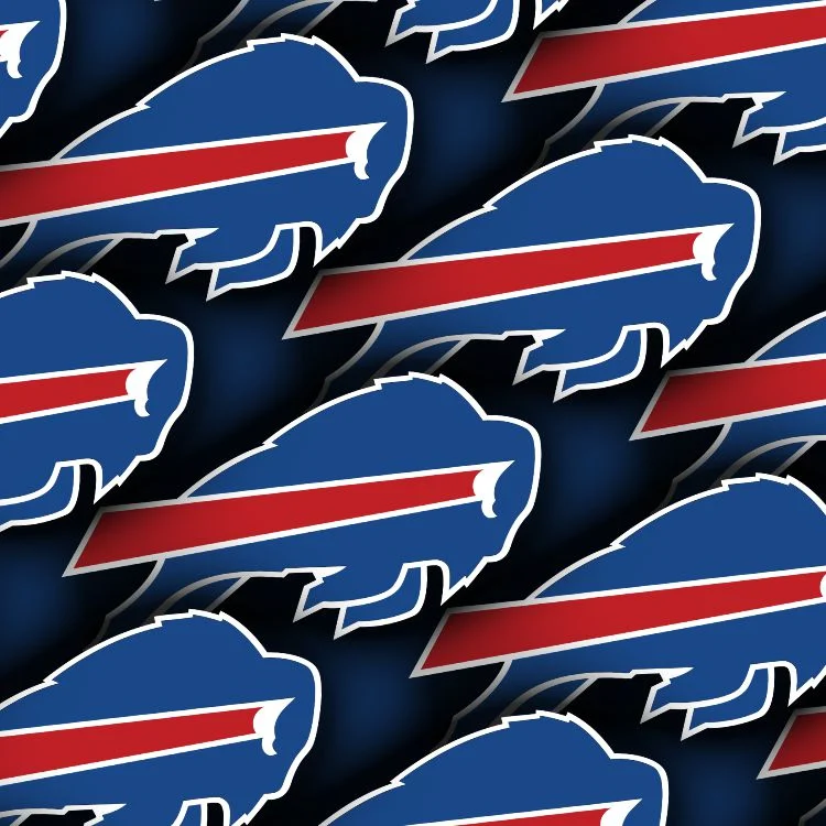 A repeating pattern of Buffalo Bills Logo 23 blue buffalo silhouettes with red charging stripes.