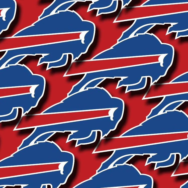 A repeating pattern of Buffalo Bills Logo 24 blue buffalo silhouettes with red charging streaks against a red background.