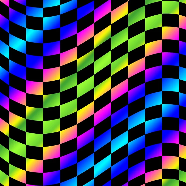 Rainbow Checkerboard 23 featuring a distorted, wavy grid of squares with a rainbow gradient pattern against a black background.