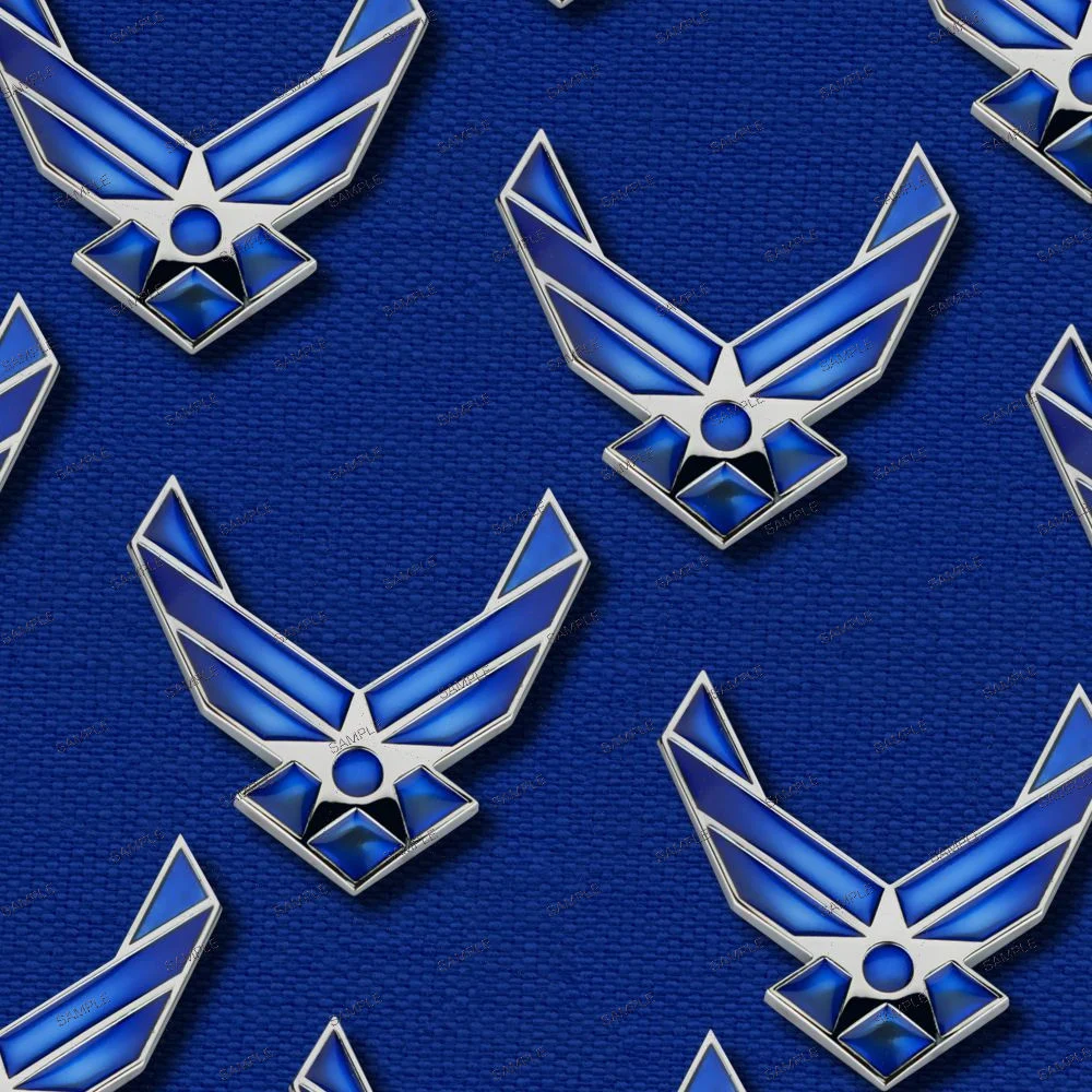 A repeating pattern of silver and blue US Air Force Symbol 20 emblems on a textured blue background.