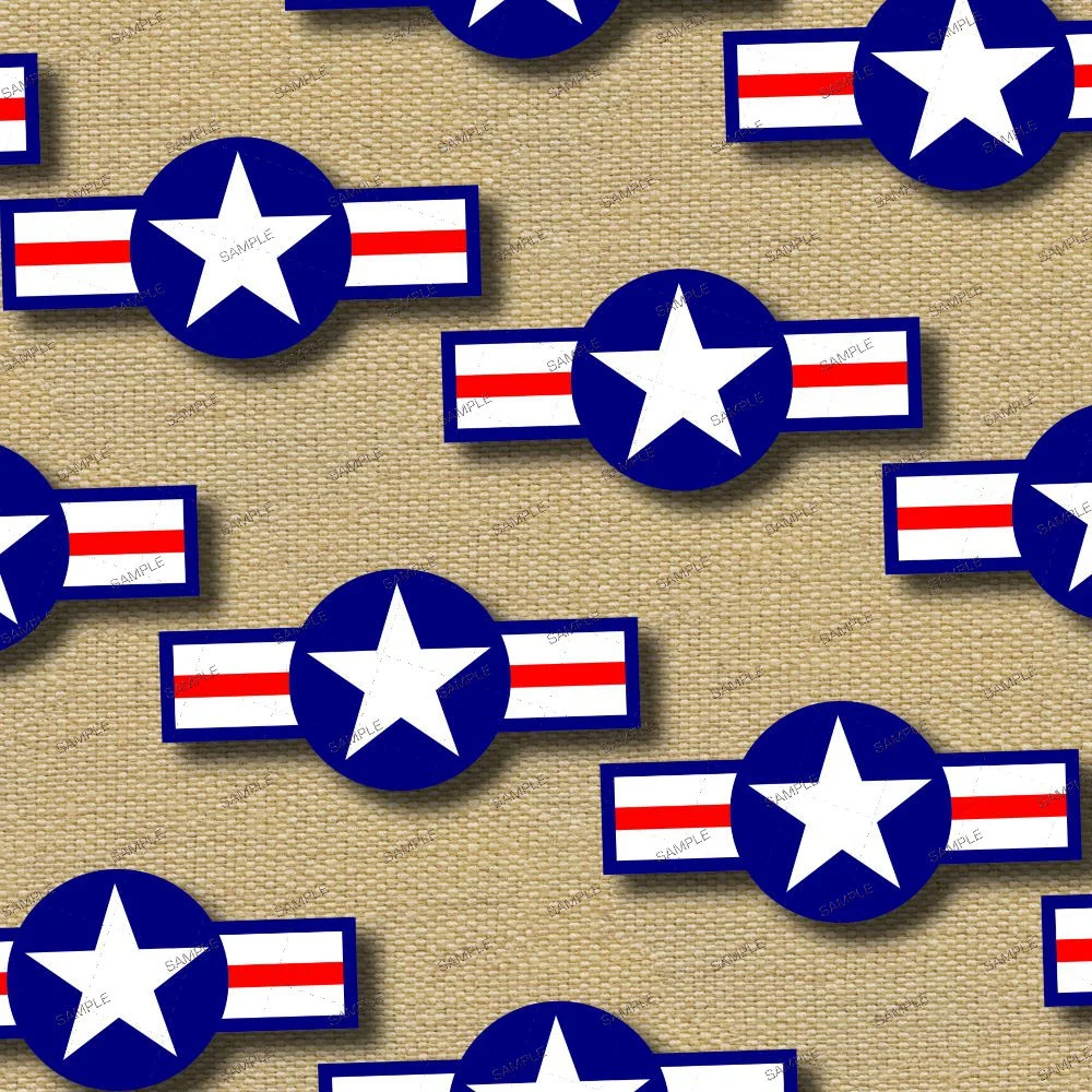 US Air Force Symbol 21 featuring white stars centered on blue circles with flanking white and red horizontal bars, arranged on a textured tan background.