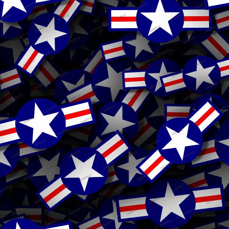 A pile of overlapping circular and rectangular US Air Force Symbol 23 stickers featuring a white star on a blue circle with flanking horizontal bars.