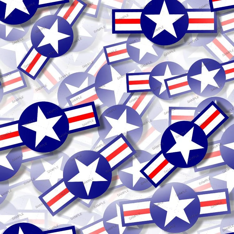 A collage of overlapping US Air Force Symbol 24 roundels, each featuring a white star inside a blue circle with horizontal red and white stripes extending from the sides.