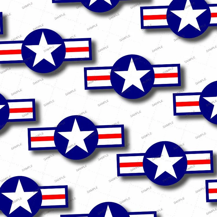 A repeating pattern of the US Air Force Symbol 25, featuring the US Air Force roundel with a white star inside a blue circle flanked by two white rectangles with a red stripe.