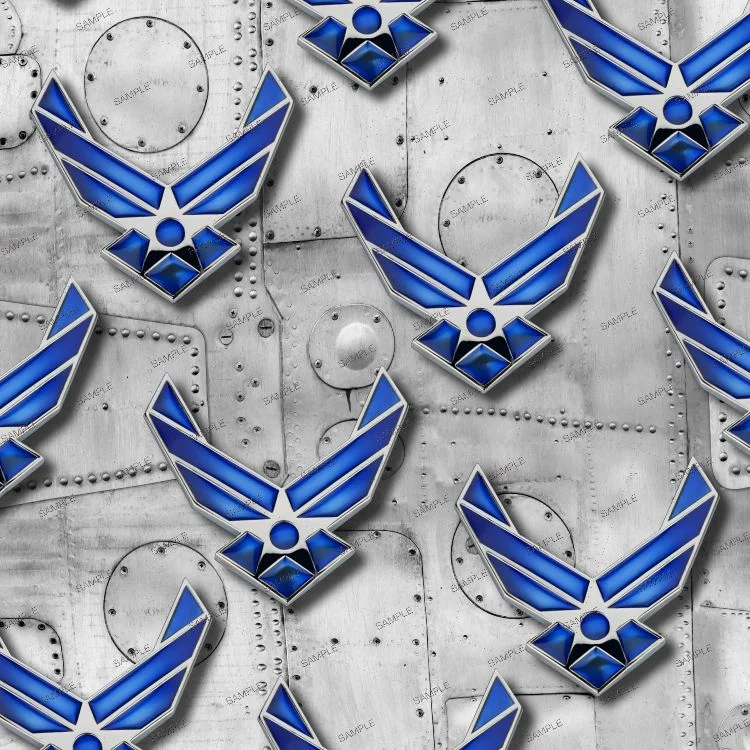 A repeating pattern of the US Air Force Symbol 28 in blue and silver over a metallic background with rivet details.