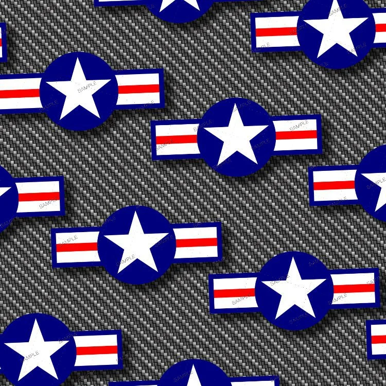 A repeating pattern of US Air Force Symbol 30 insignia featuring a white star in a blue circle flanked by two white rectangles with red stripes, set against a dark gray carbon fiber texture.