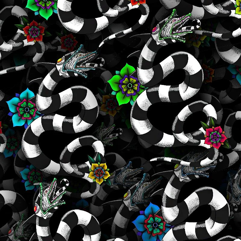 BeetleJuice Sand Worm pattern featuring black-and-white striped snakes with open mouths interspersed with colorful stylized flowers on a black background.