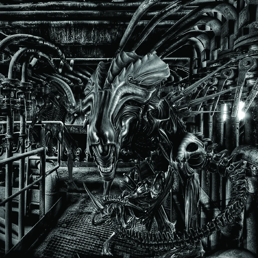 In the Alien Factory Scene 23, a xenomorph queen stands among industrial pipes and metal grating, with a smaller xenomorph crouching in the foreground.
