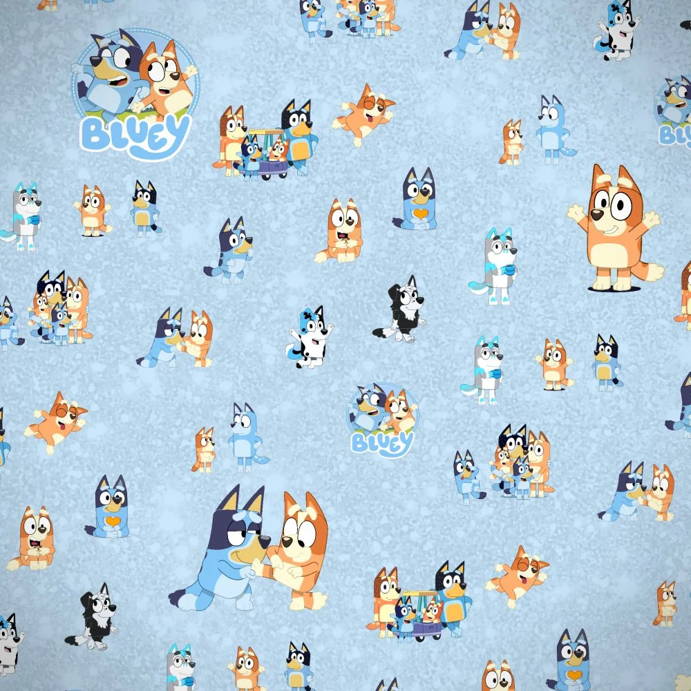 Light blue fabric patterned with the Bluey 23 logo and repeating illustrations of Bluey and Bingo in various poses.