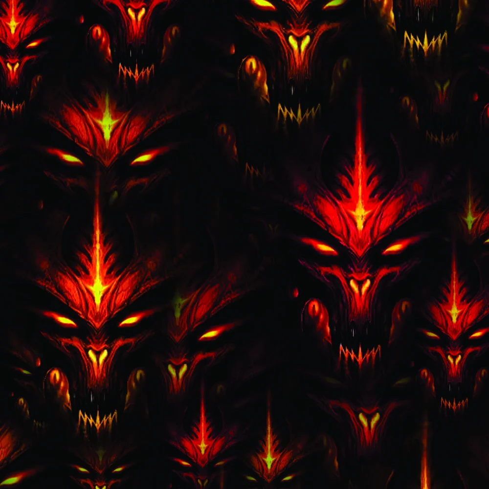 A repeating pattern of Chinese Moon Demon 24 faces with red eyes, sharp teeth, and glowing crests on a black background.