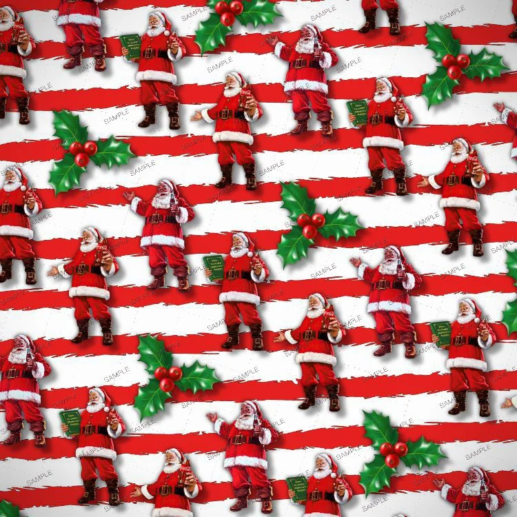 CocaCola Santa 23 wrapping paper pattern featuring Santa Claus holding a glass bottle, interspersed with sprigs of holly on a white background with horizontal red stripes.