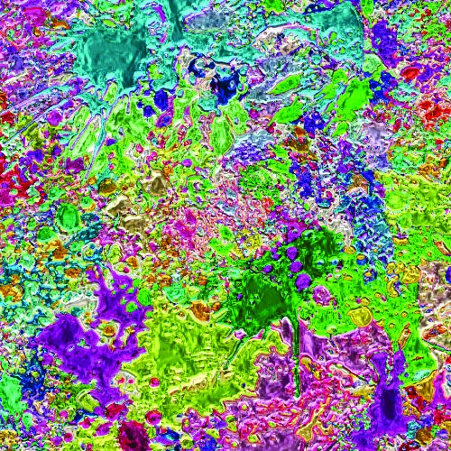 Metallic Splat abstract pattern of splattered paint in vibrant shades of green, purple, pink, and blue.
