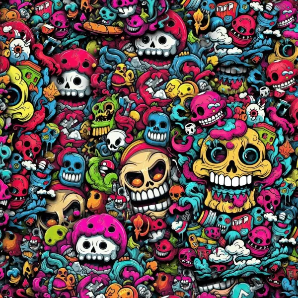 A vibrant, densely packed pattern of Cartoon Skulls 23 featuring cartoon-style skulls in various bright colors, surrounded by abstract shapes and swirling decorative elements.