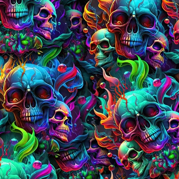 Color Skulls 24 pattern featuring skulls in vibrant, neon colors surrounded by swirling flames and smoke.