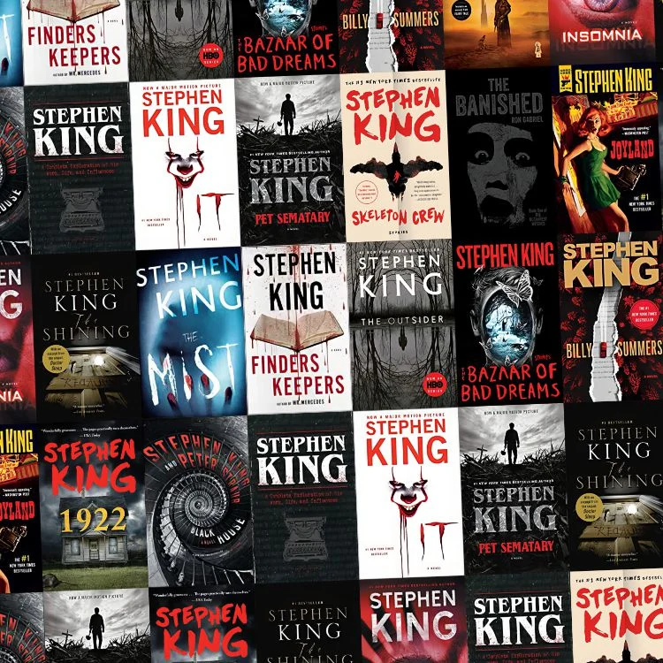 A collage of various Stephen King Book Covers 22 featuring titles such as It, The Shining, Pet Sematary, and The Outsider.