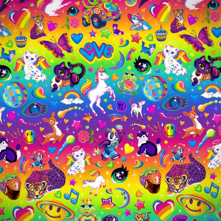 Lisa Frank Stickers 23 featuring a repeating pattern of colorful neon unicorns, winged cats, pandas, rainbows, butterflies, and smiley faces against a vibrant gradient background.