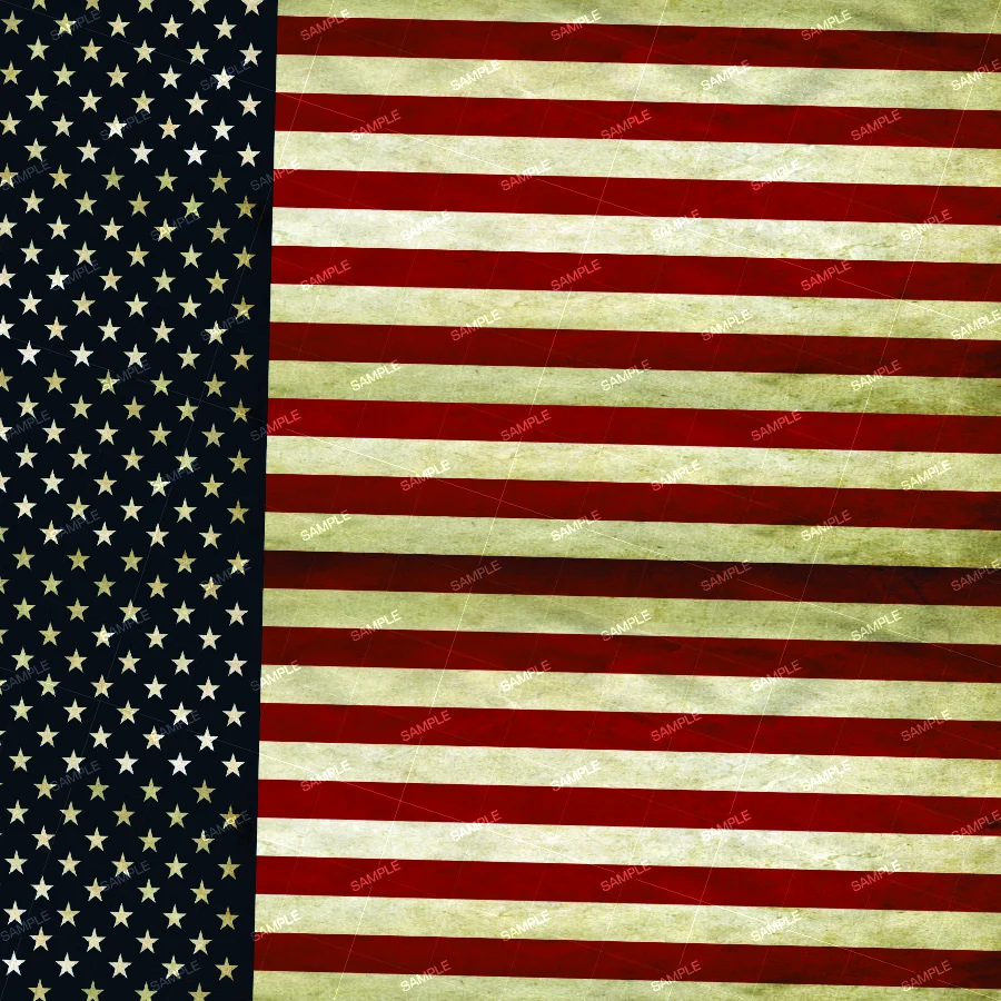 A Grunge US Flag featuring a distressed, aged texture with the word “SAMPLE” repeated across the stripes.