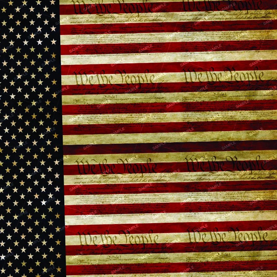 We the People Flag 22 featuring an American flag design with a field of stars on the left and horizontal red and white stripes overlaid with text from the U.S. Constitution and the phrase “We the People.”