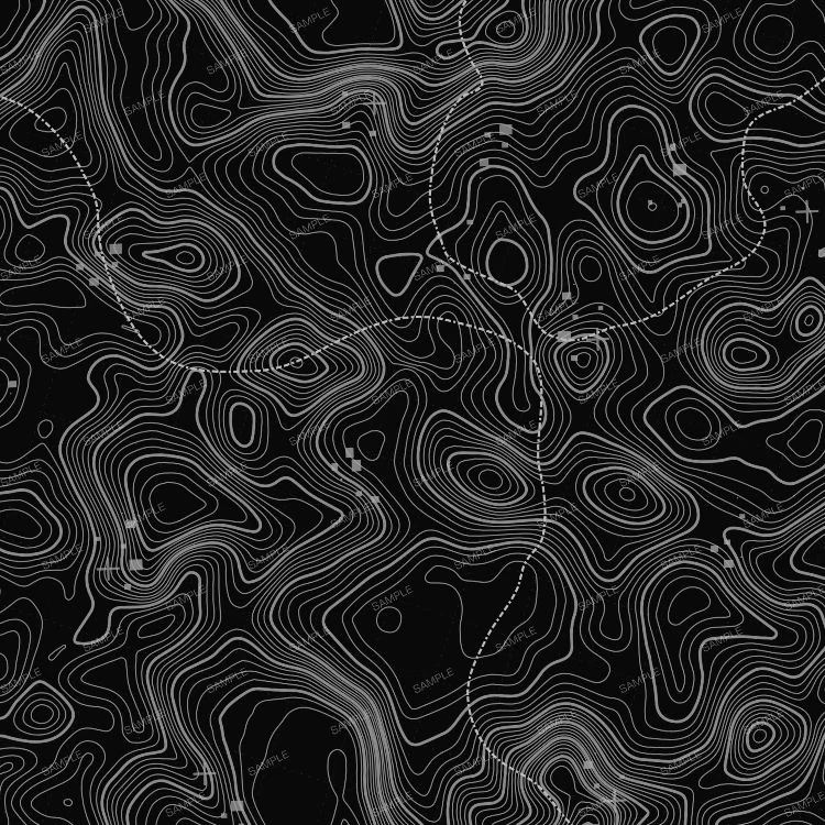 Topographical Camouflage Black pattern featuring black topography with white contour lines, dashed paths, and the word “SAMPLE” repeated throughout.