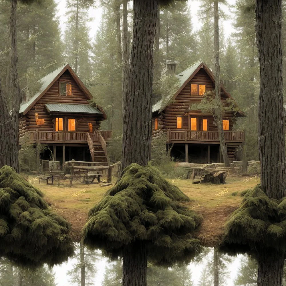 Cabins in the Woods 42, two identical log cabins nestled among tall trees in a foggy forest.
