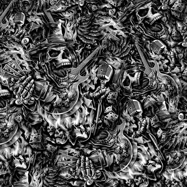 A dense black-and-white Fast Living collage featuring skulls, electric guitars, microphones, dice, playing cards, and flames.