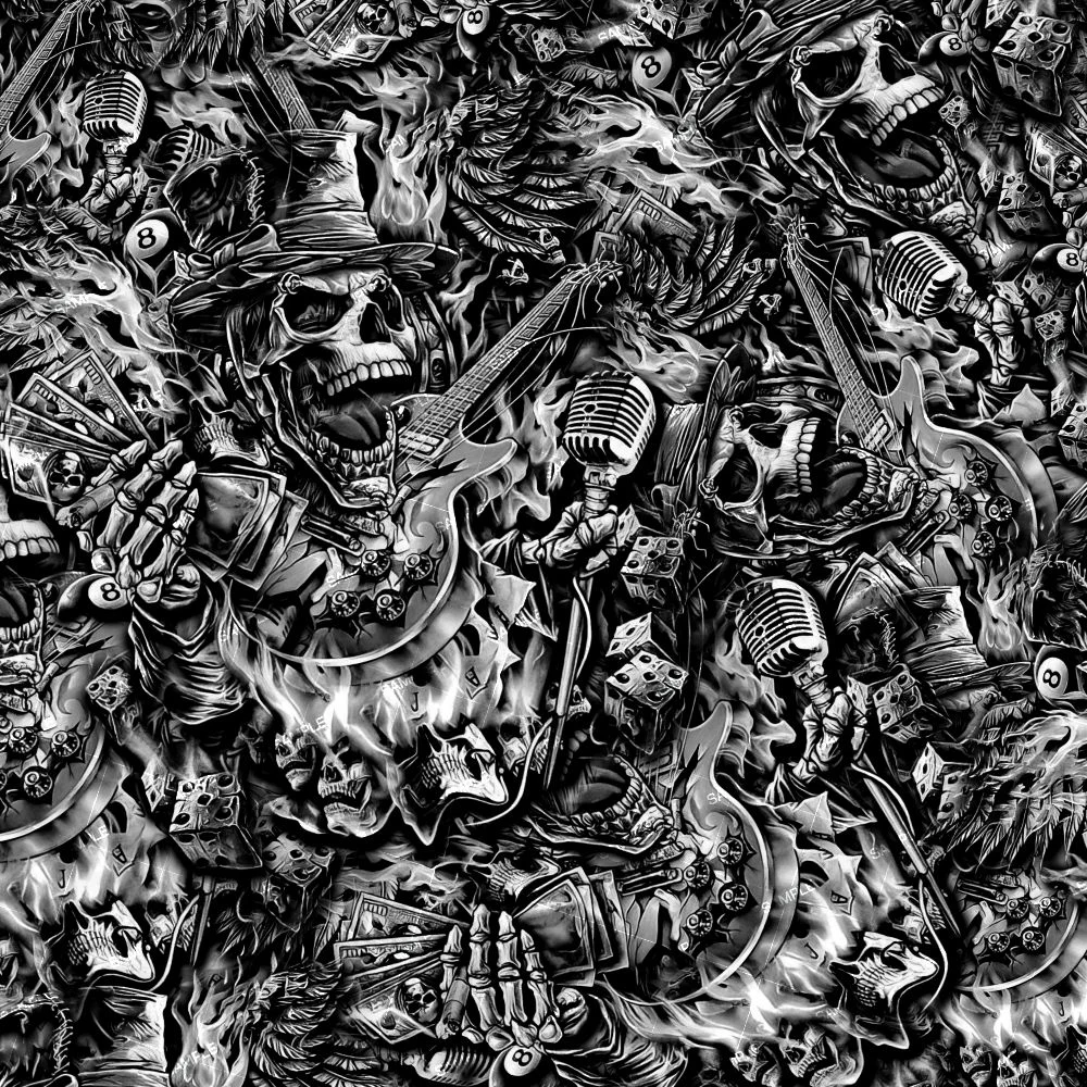 A dense black-and-white Fast Living collage featuring skulls, electric guitars, microphones, dice, playing cards, and flames.