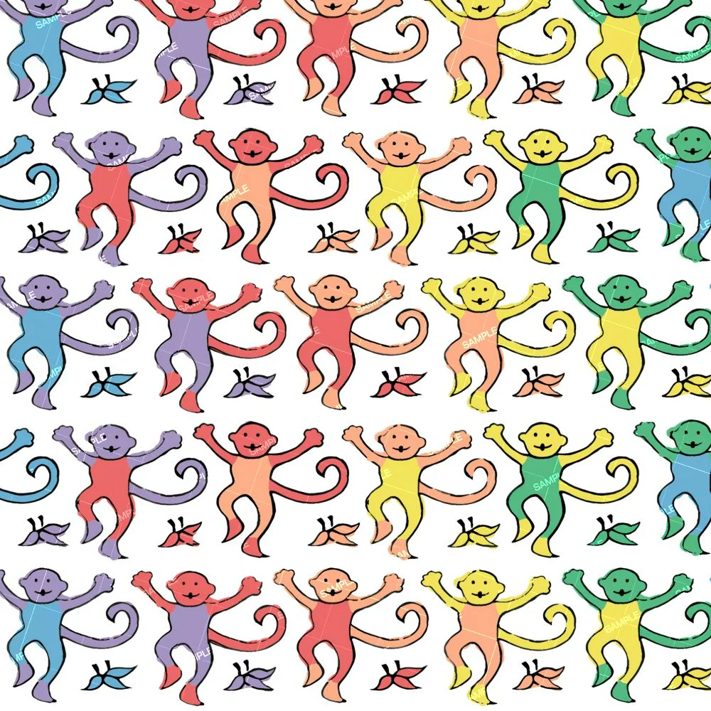 A repeating pattern of colorful dancing monkeys interspersed with small leaves on a white background on a Roller Rabbit 22.