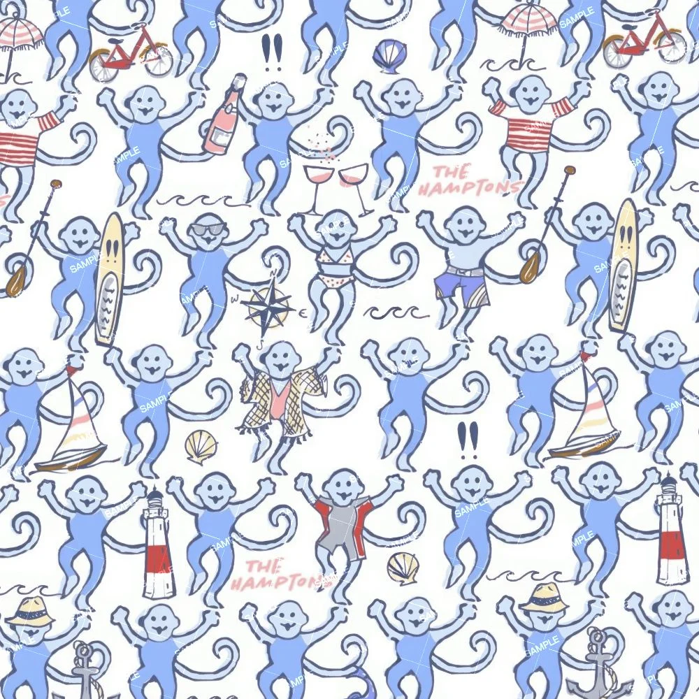 Roller Rabbit The Hamptons pattern of cartoon monkeys in summer attire, engaged in activities like surfing, sailing, and cycling, interspersed with lighthouses, sailboats, and beach items.
