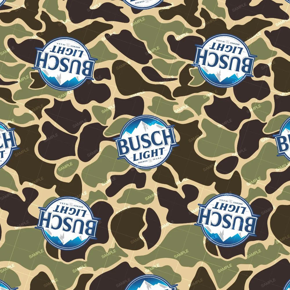 A repeating pattern of camouflage print interspersed with circular mountain-themed Busch Light Camouflage beer logos.