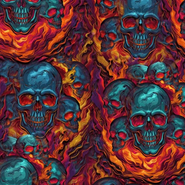 A repeating pattern of blue skulls engulfed in bright orange and red flames, featured on Flame Skulls 24.